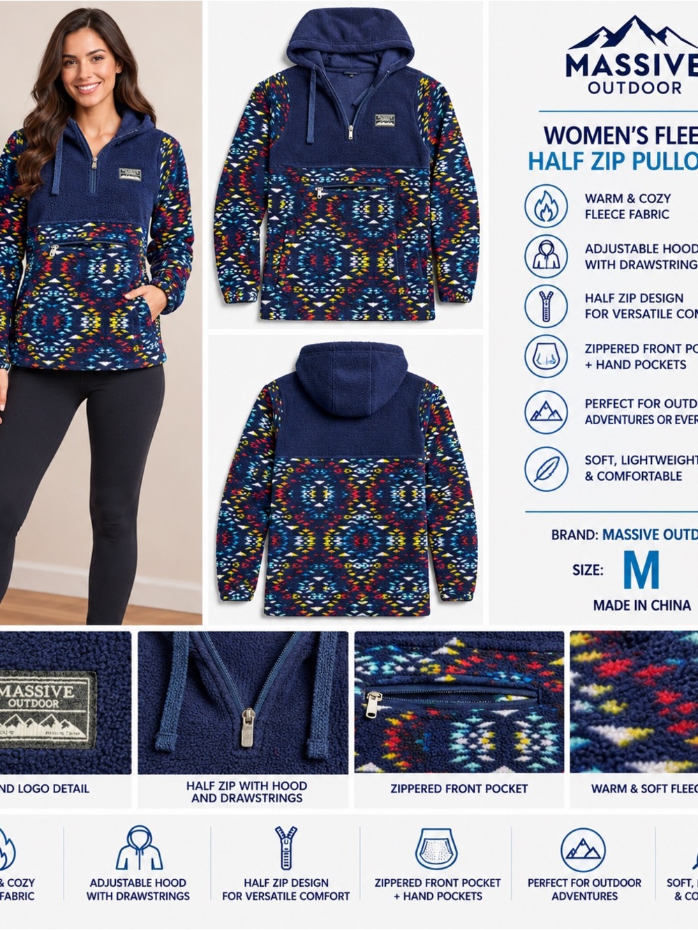 Massive Outdoor Men's Patterned Fleece Hoodie Pullover Medium